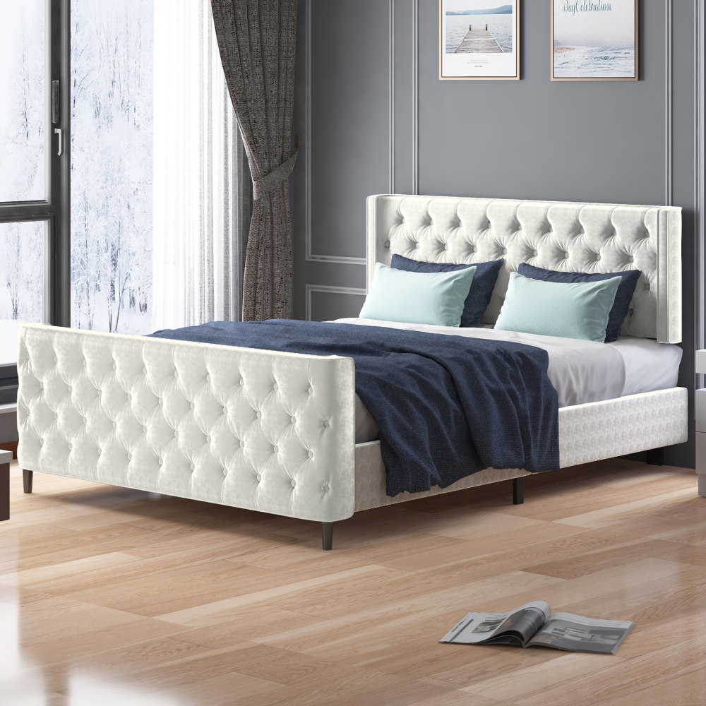 Mjkone Upholstered Bed With Diamond-Shaped Button Headboard
