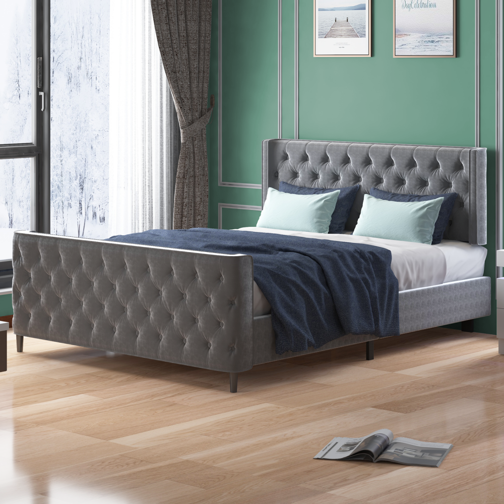 Mjkone Upholstered Bed With Diamond-Shaped Button Headboard