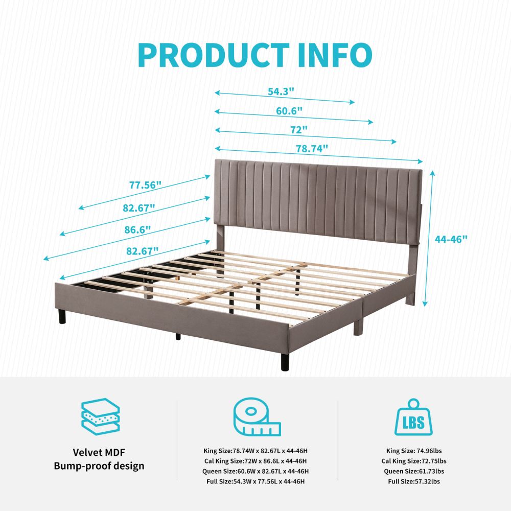 Mjkone Upholstered Platform Bed with Adjustable Headboard-Dark Gray, Light Gray