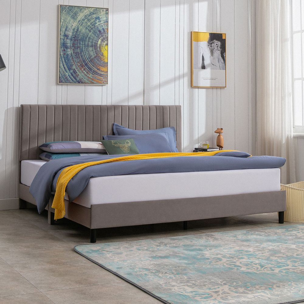 Mjkone Upholstered Platform Bed with Adjustable Headboard-Dark Gray, Light Gray