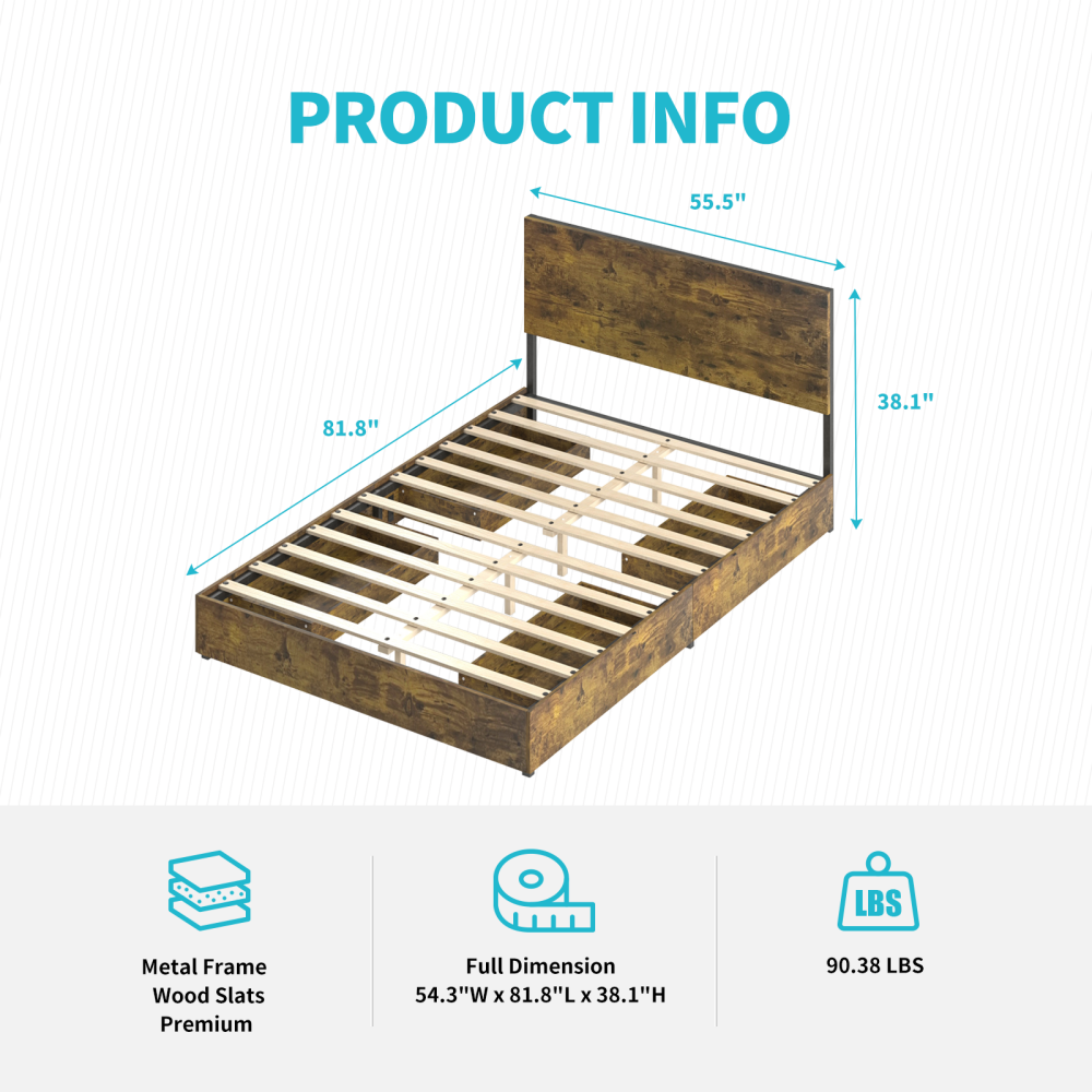 Mjkone Wooden Bed Frame with 4 Storage Drawers