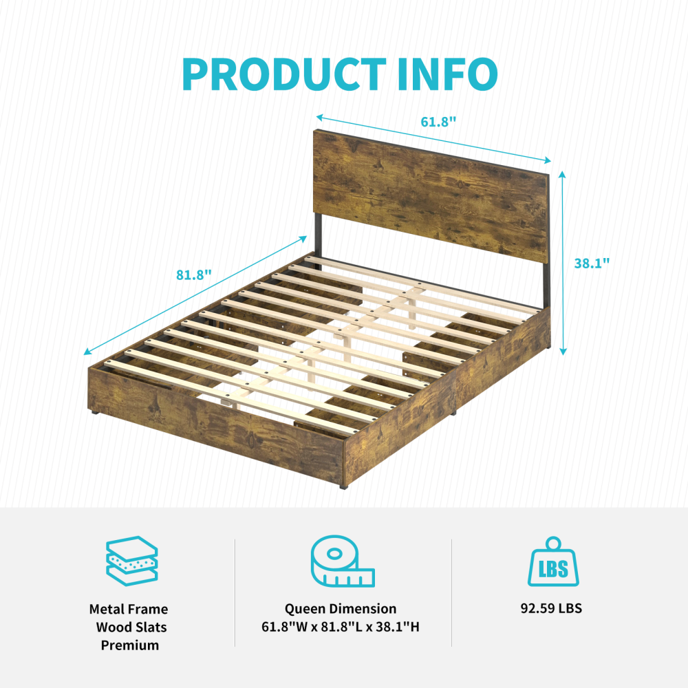 Mjkone Wooden Bed Frame with 4 Storage Drawers