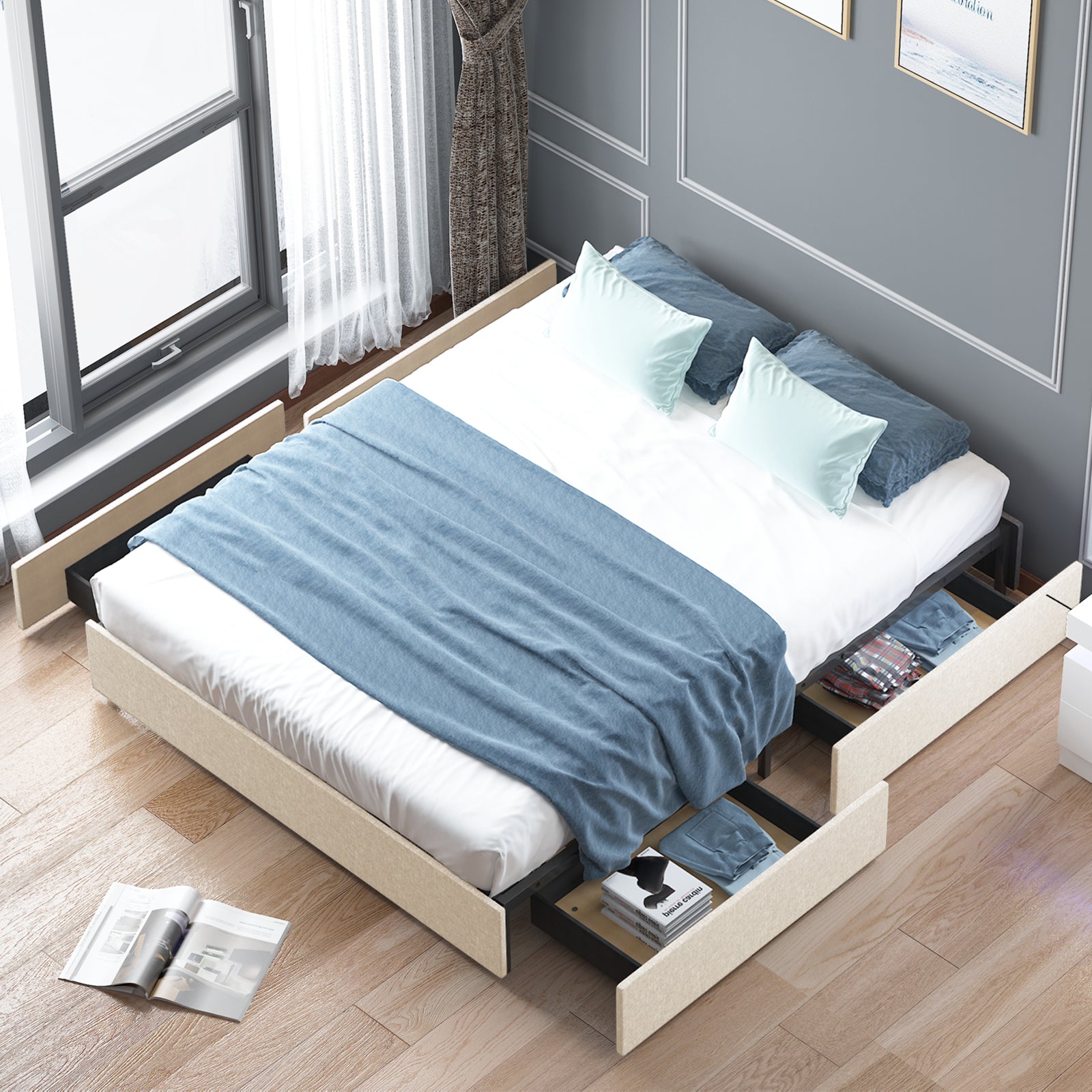 Mjkone Wooden Platform Bed Frame With 4 Drawers