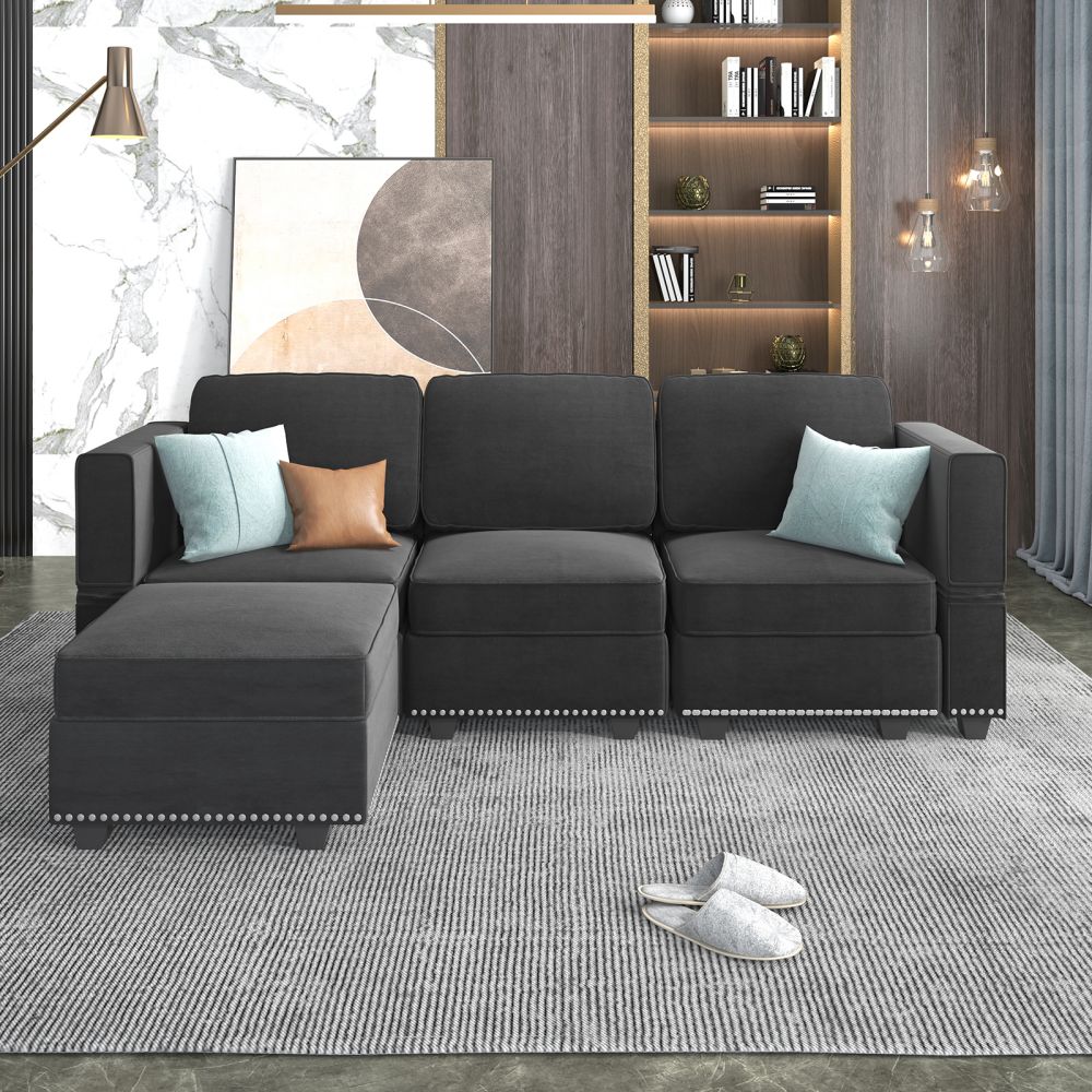 Mjkone Velvet Upholstered Modular Sectional Sofa Set With Storage Ottoman