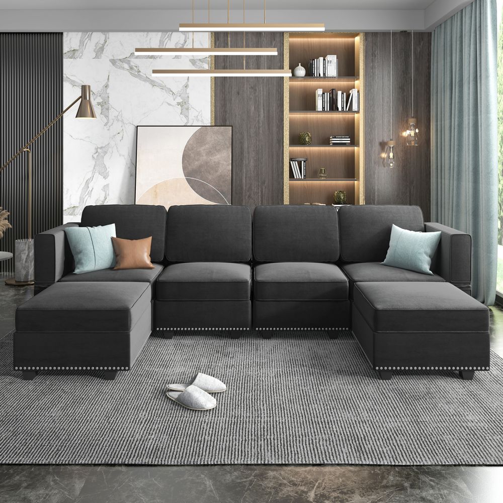 Mjkone Velvet Upholstered Modular Sectional Sofa Set With Storage Ottoman