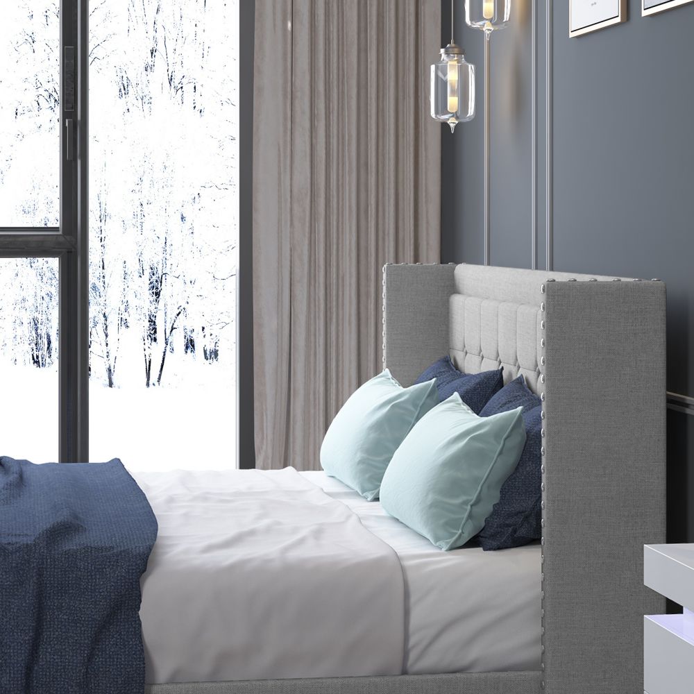 Mjkone Upholstered Modern Platform Bed Frame With Wood Slat