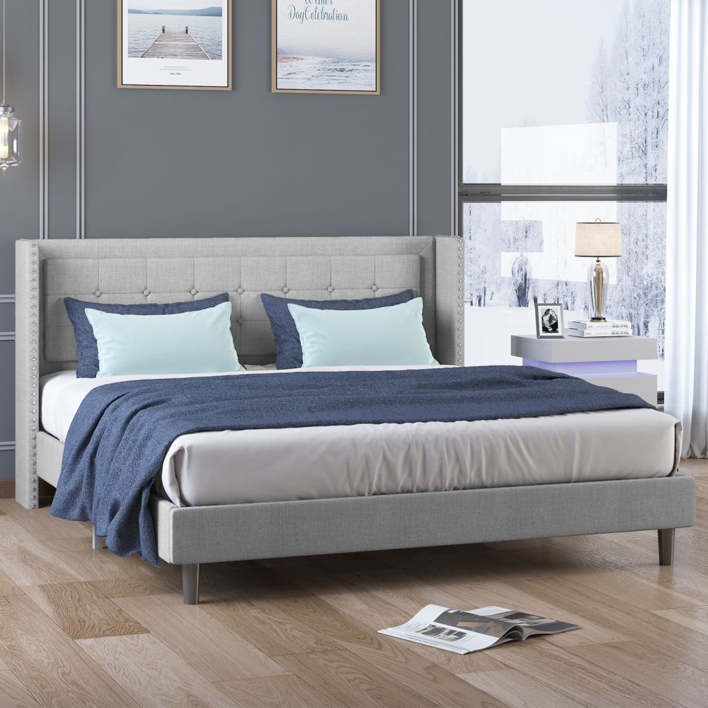 Mjkone Upholstered Modern Platform Bed Frame With Wood Slat
