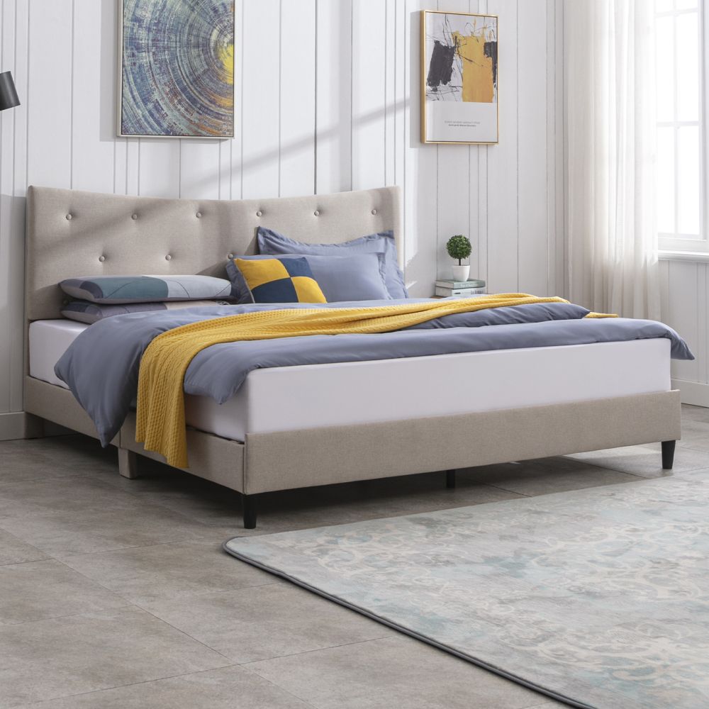Mjkone Queen Size Upholstered Bed Frame with Curved Headboard