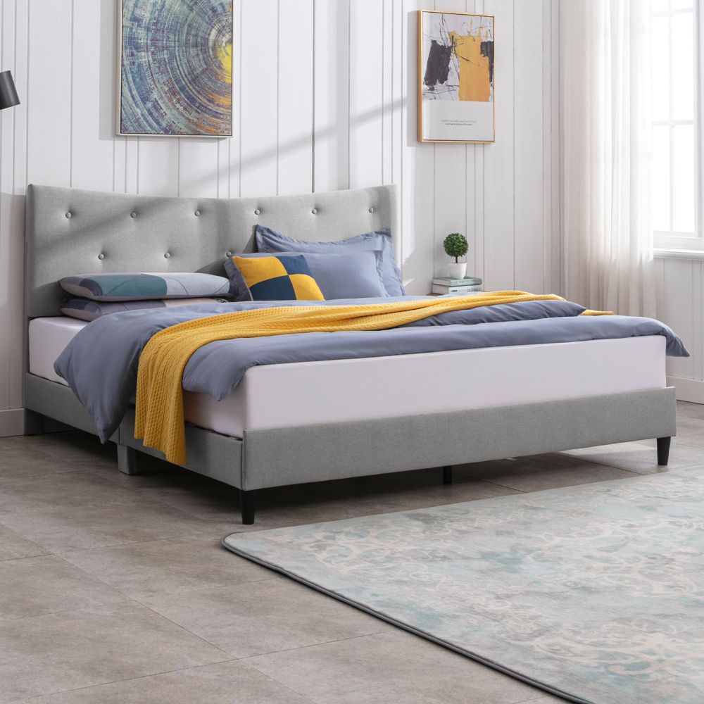 Mjkone Queen Size Upholstered Bed Frame with Curved Headboard