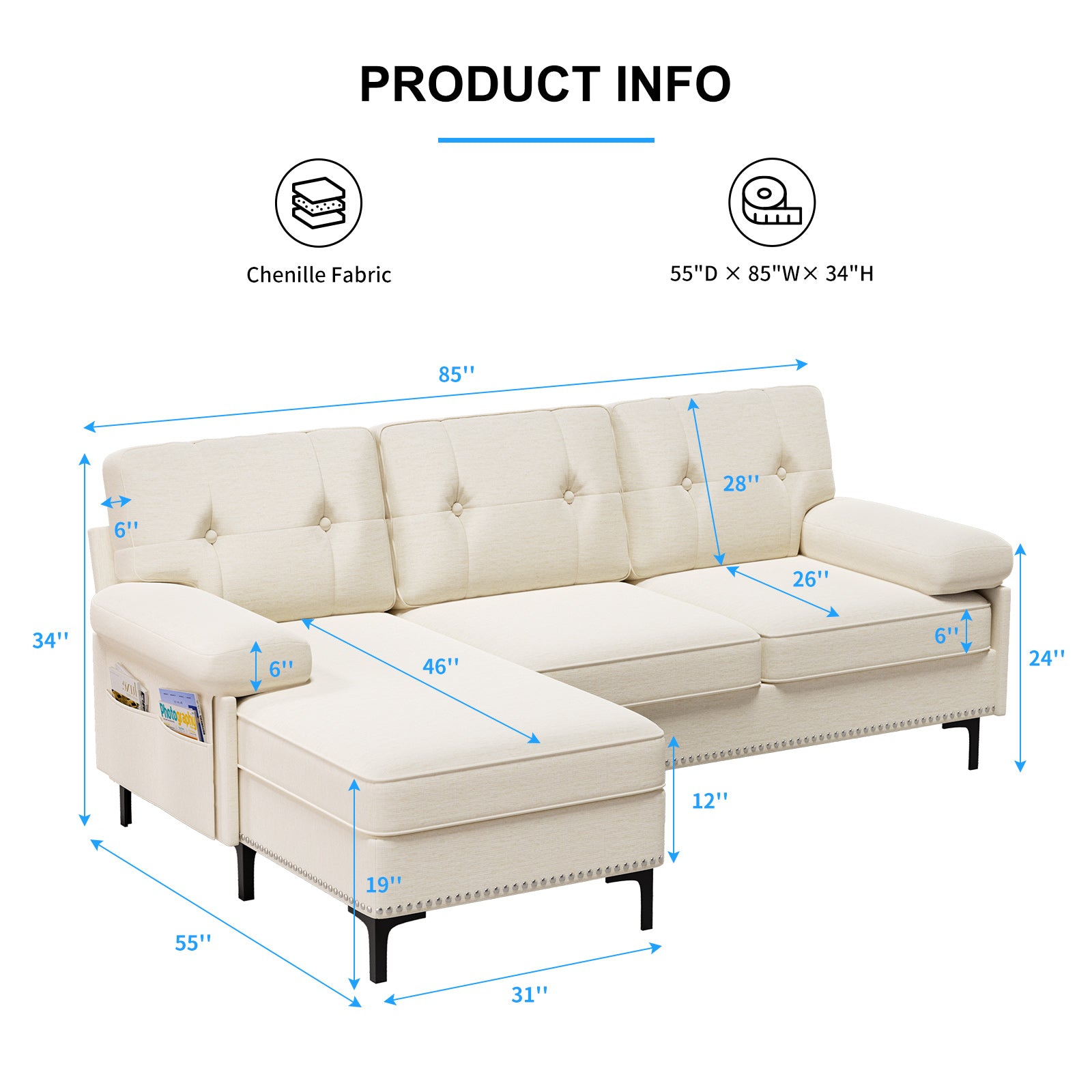 Mjkone 85 Inches L Shaped Sectional Sofa with Reversible Chaise, Convertible Sectional Couch with Storage Pocket, Chenille Modern 3 Seater Sofa for Living Room