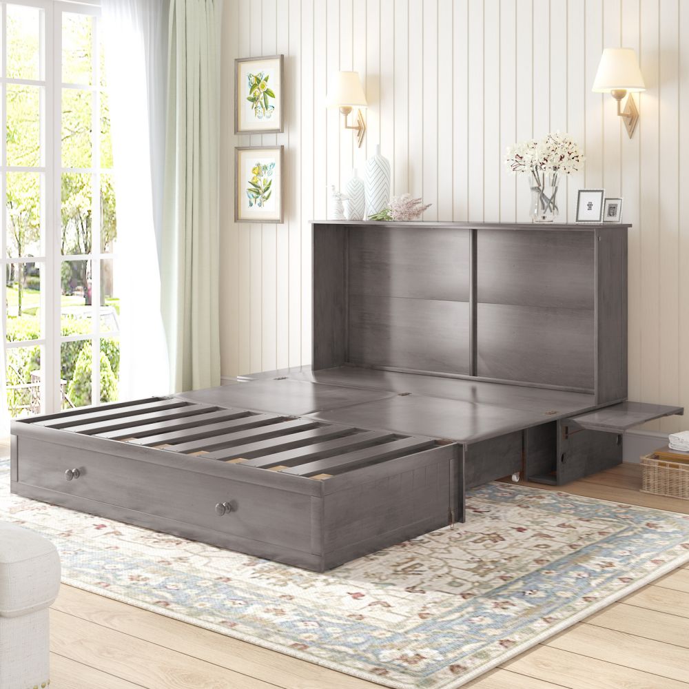 Mjkone Murphy Bed Chest with Charging Station, Queen Size Cabinet Bed  Furniture with Foldable Foam Mattress,Space Saver Hidden Bed Frame with 2  Drawers(Bark Grey） 