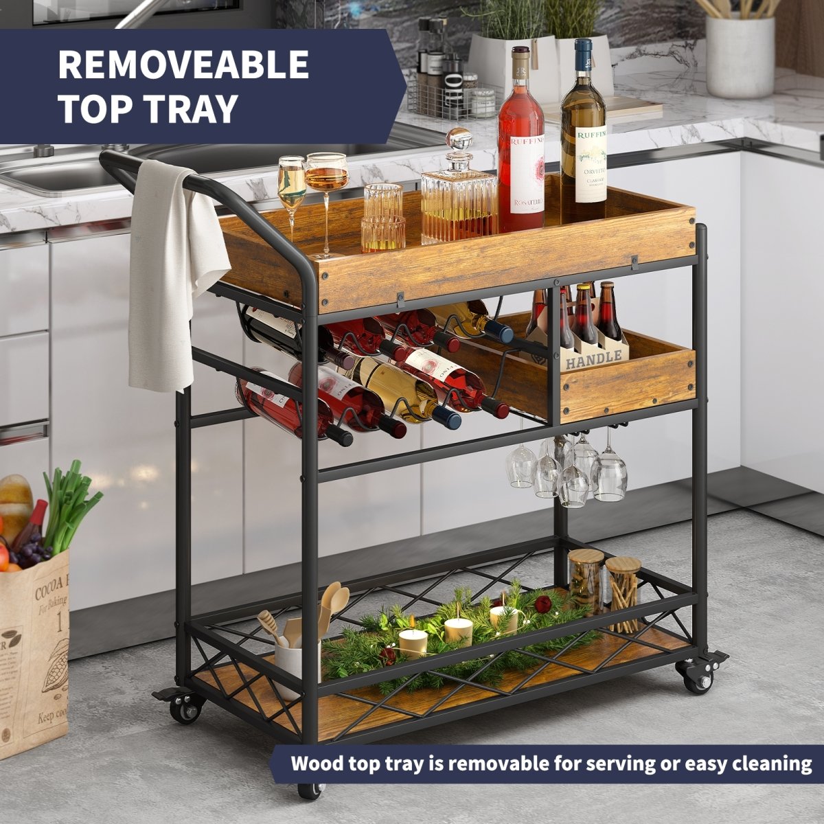 Bar Carts | Home Bar & Serving Carts with Stemware Rack and Locking Casters - MjkoneCabinets