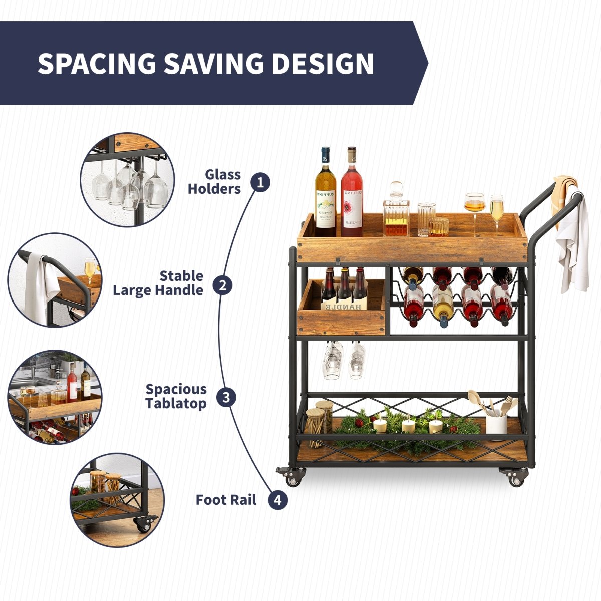 Bar Carts | Home Bar & Serving Carts with Stemware Rack and Locking Casters - MjkoneCabinets