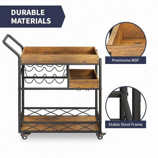 Bar Carts | Home Bar & Serving Carts with Stemware Rack and Locking Casters - MjkoneCabinets