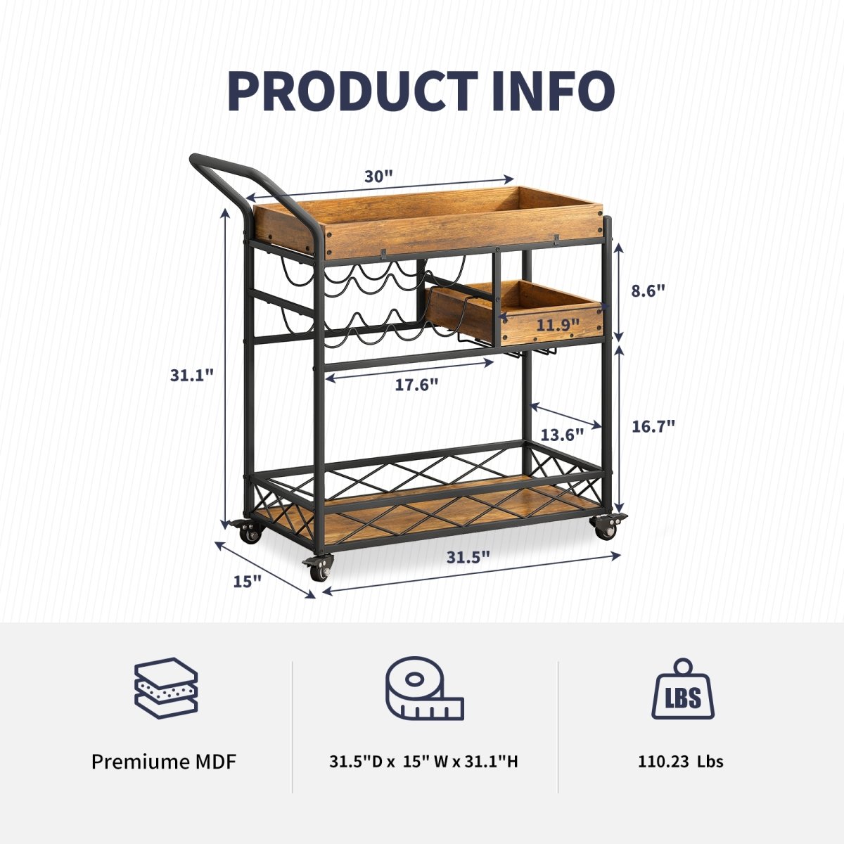 Bar Carts | Home Bar & Serving Carts with Stemware Rack and Locking Casters - MjkoneCabinets