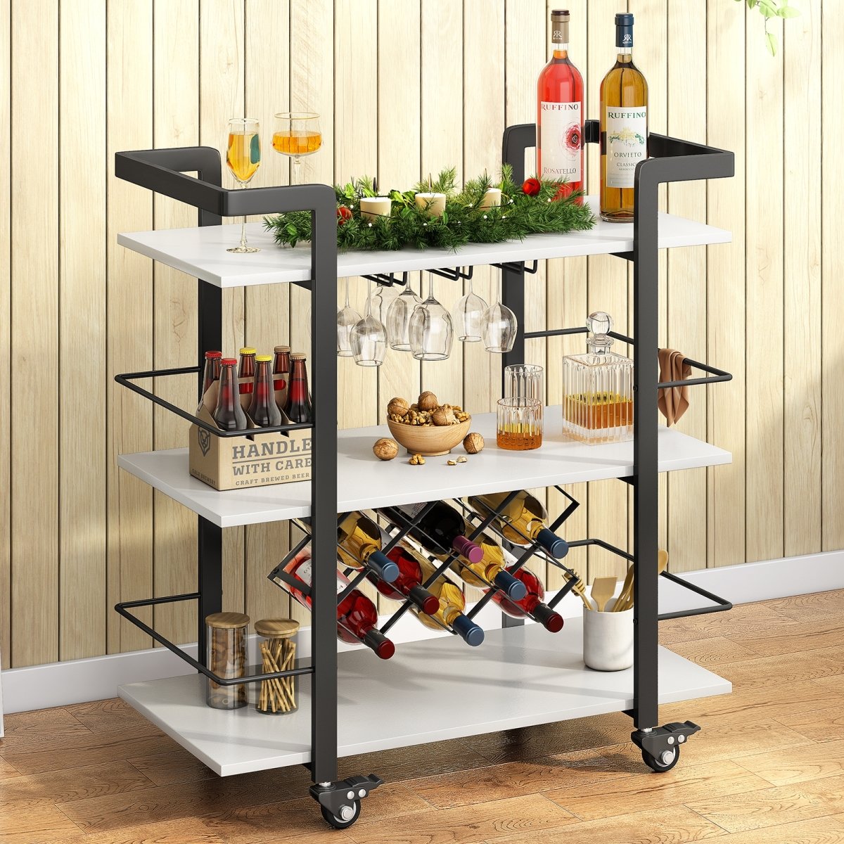 Bar Carts | Home Bar & Serving Carts with Wine Bottle Storage and Locking Casters - MjkoneCabinets