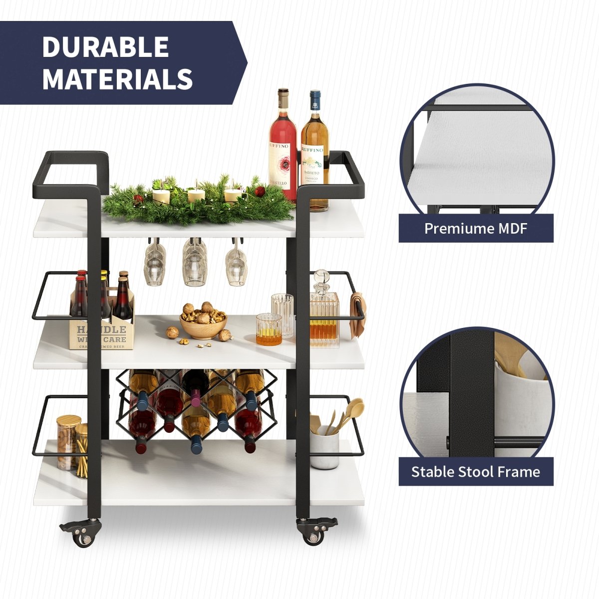 Bar Carts | Home Bar & Serving Carts with Wine Bottle Storage and Locking Casters - MjkoneCabinets
