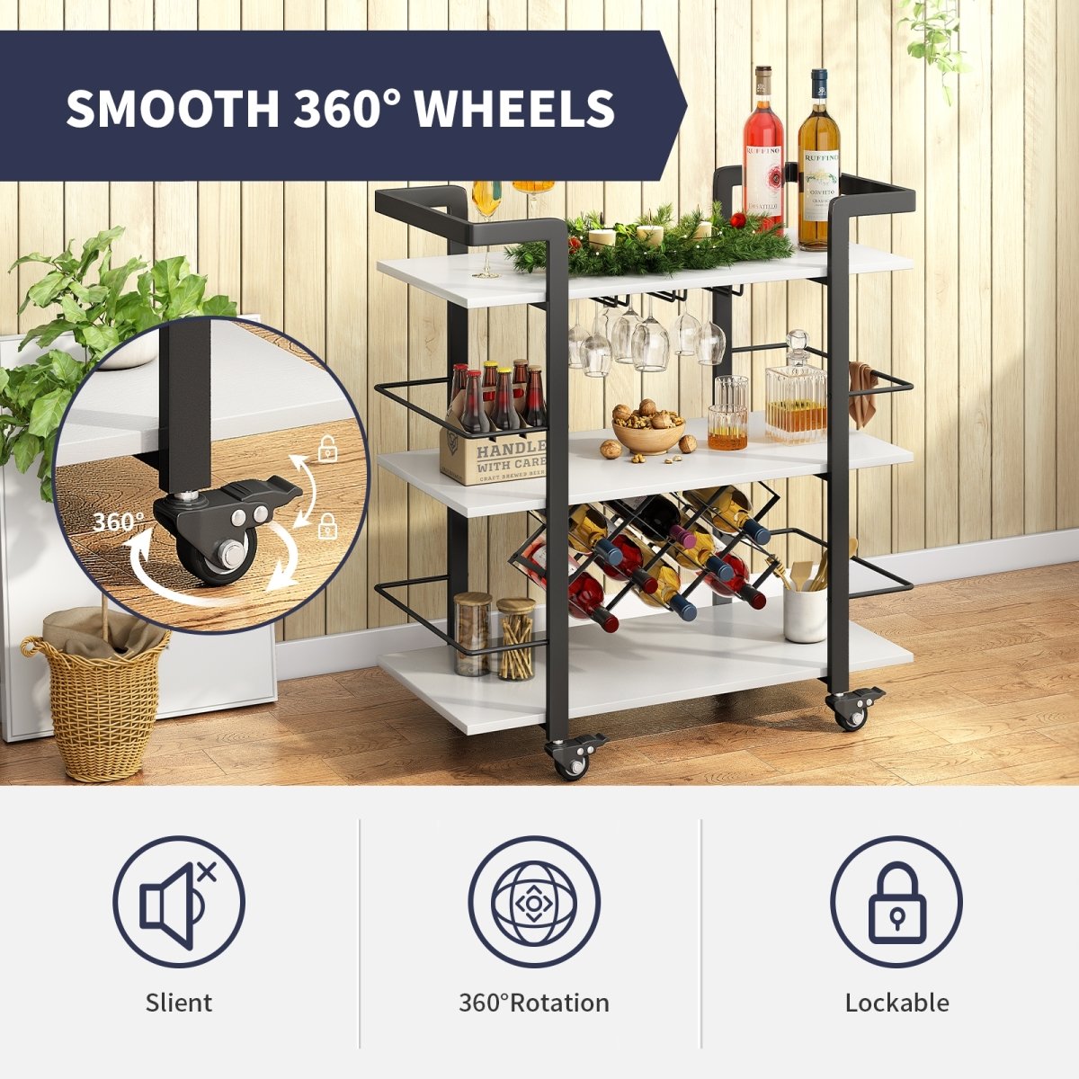 Bar Carts | Home Bar & Serving Carts with Wine Bottle Storage and Locking Casters - MjkoneCabinets