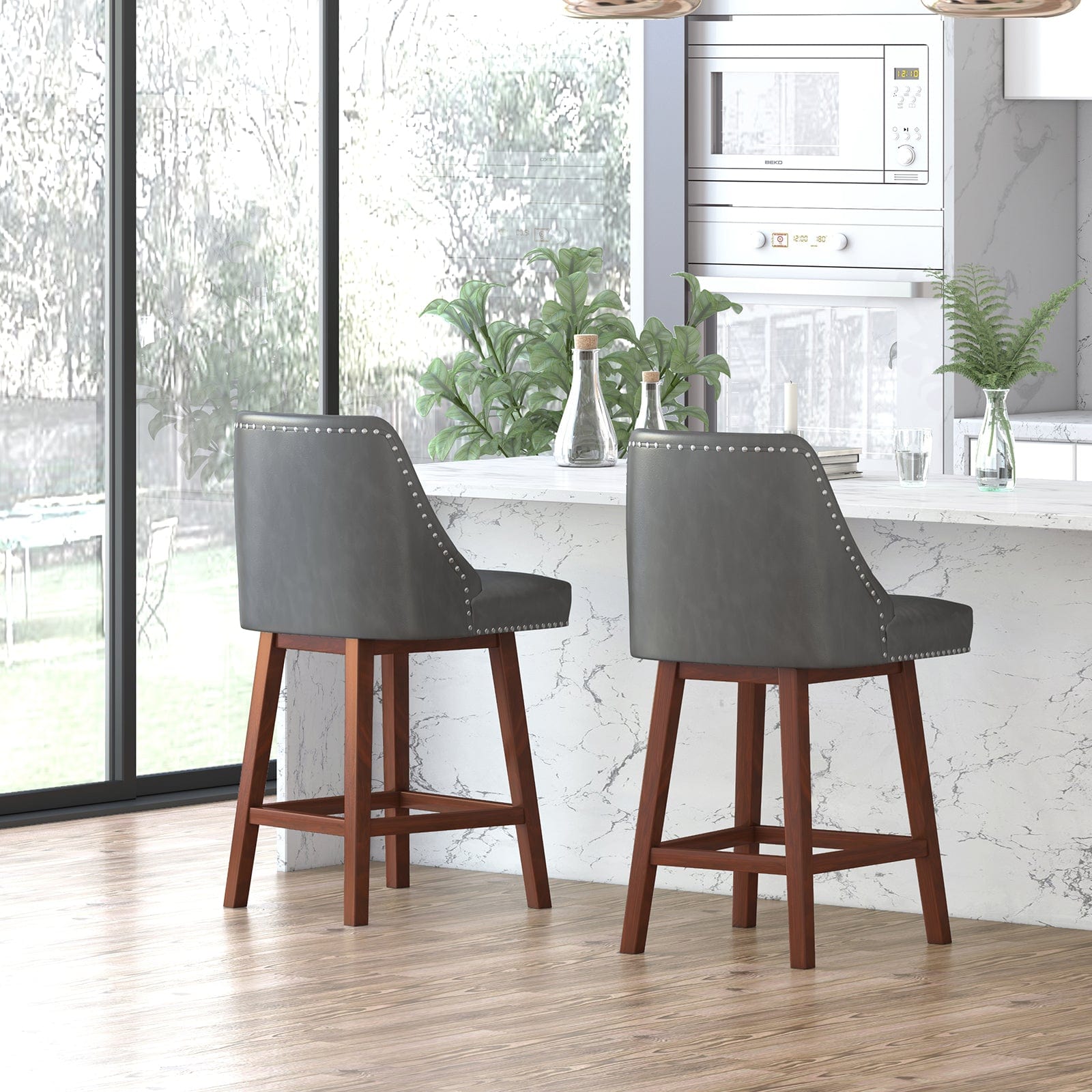 Gray swivel barrel store back counter stools