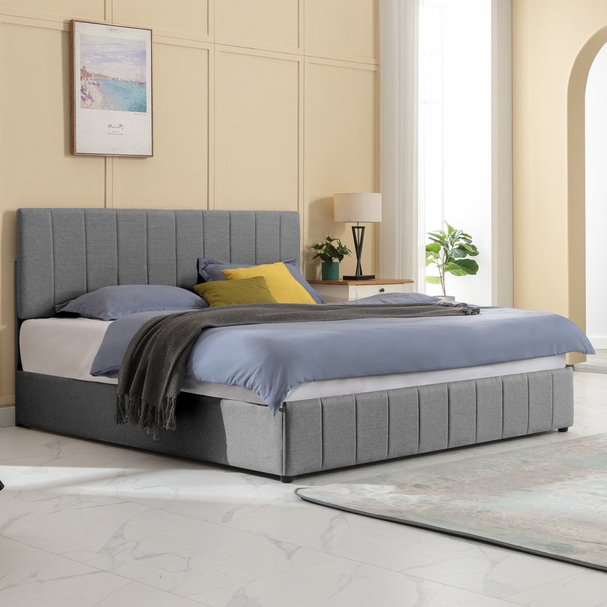 Bed Frame | Linen Upholstered Bed with Vertical Tufted Headboard and Under-bed Storage Spaces - Mjkonebed frame