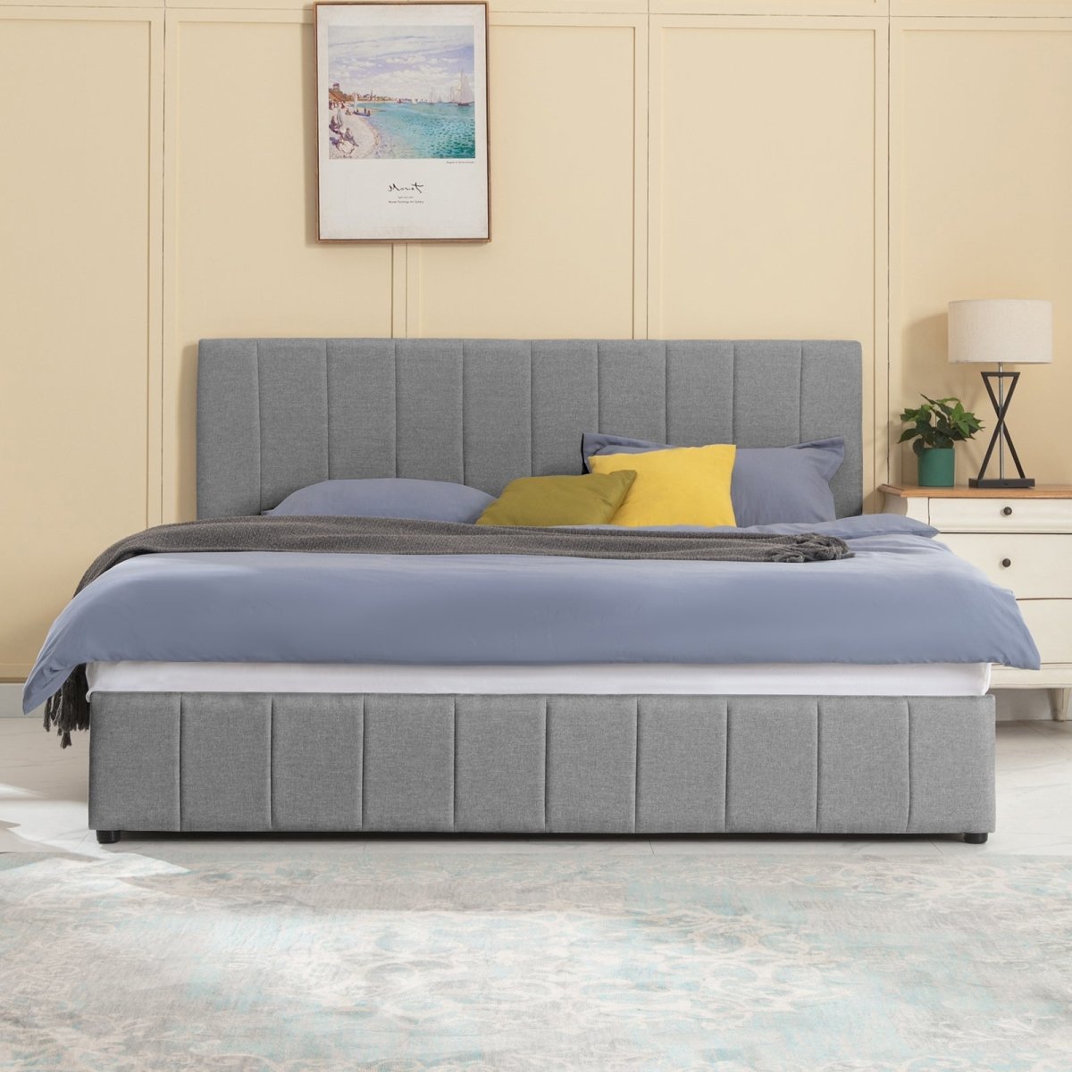 Bed Frame | Linen Upholstered Bed with Vertical Tufted Headboard and Under-bed Storage Spaces - Mjkonebed frame