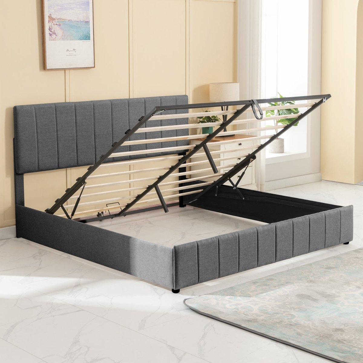 Bed Frame | Linen Upholstered Bed with Vertical Tufted Headboard and Under-bed Storage Spaces - Mjkonebed frame