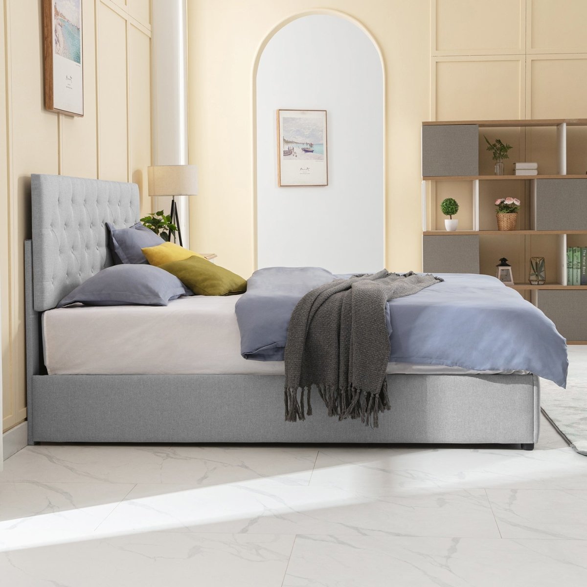 Bed Frame | Linen Upholstered Storage Bed with Button Tufted Headboard - Mjkonebed frame