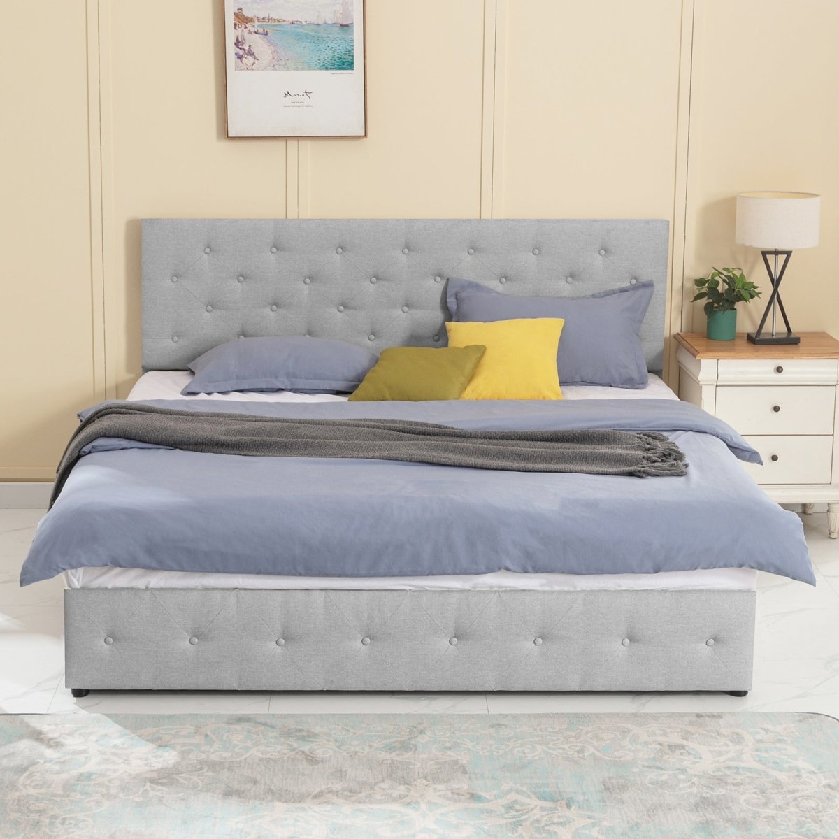 Bed Frame | Linen Upholstered Storage Bed with Button Tufted Headboard - Mjkonebed frame