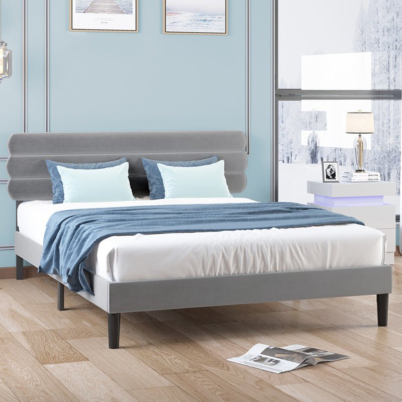 Bed Frame | Luxe Velvet Upholstered Platform Bed with Adjustable Headboard and Channel Detailing - Mjkonebed frame