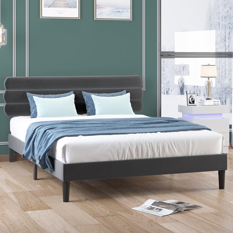 Bed Frame | Luxe Velvet Upholstered Platform Bed with Adjustable Headboard and Channel Detailing - Mjkonebed frame