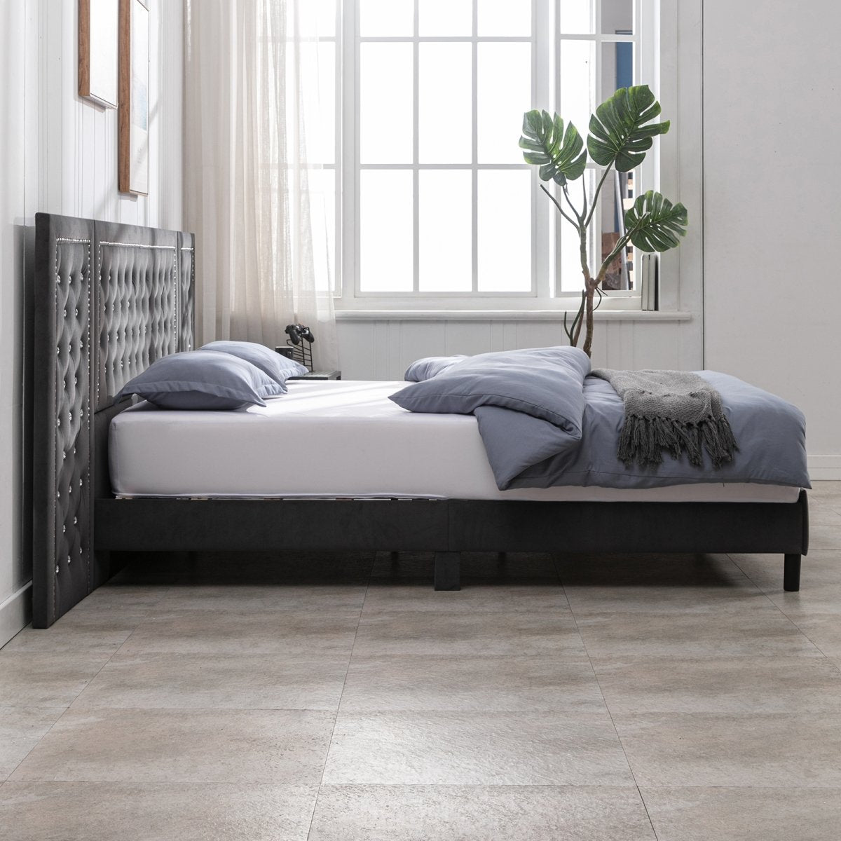 Bed Frame | Velvet Eastern Platform Bed with Button Tufted and Hand-Applied Nail Heads Design - Mjkonebed frame