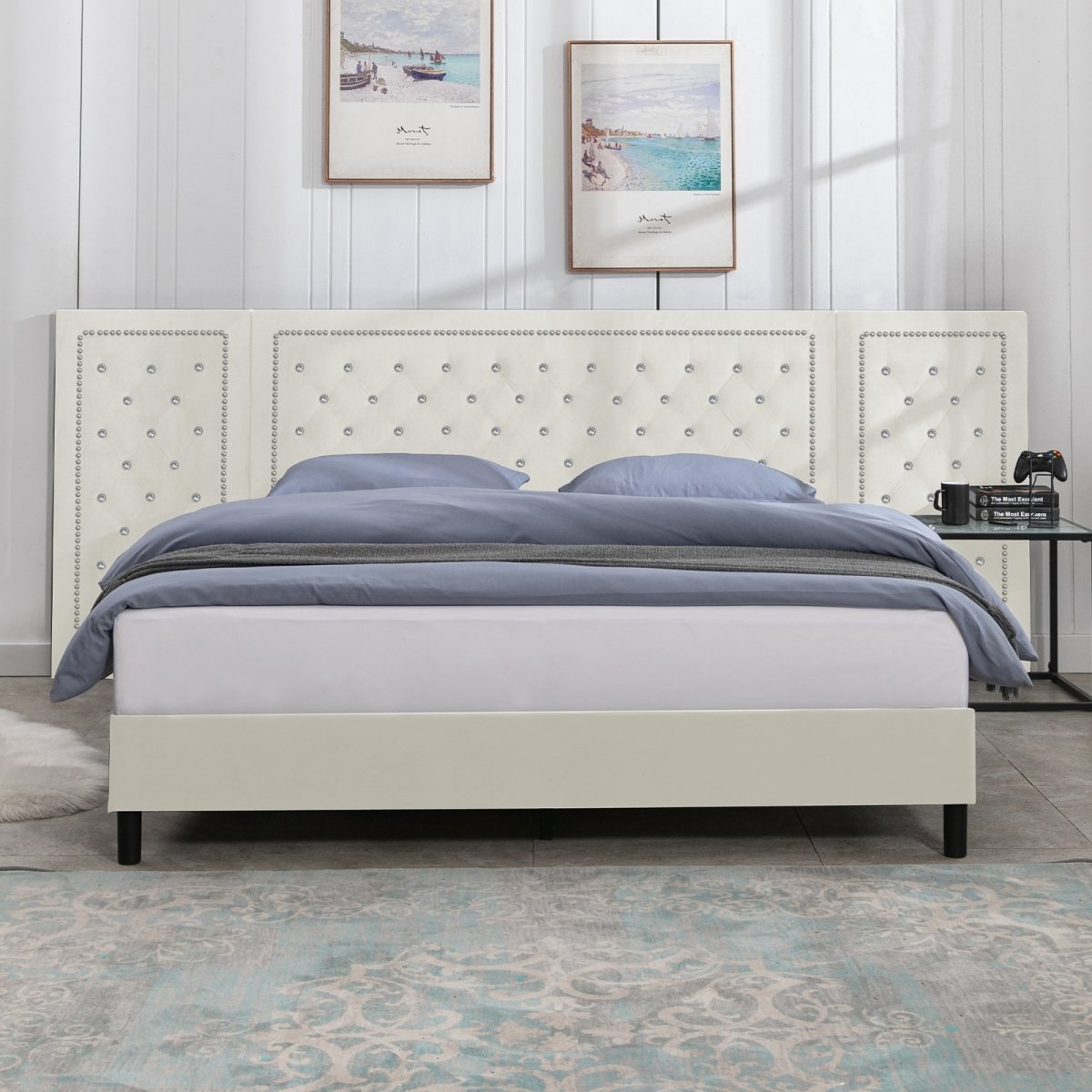 Bed Frame | Velvet Eastern Platform Bed with Button Tufted and Hand-Applied Nail Heads Design - Mjkonebed frame
