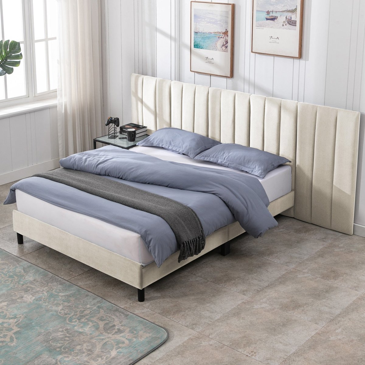 Bed Frame | Velvet Eastern Tufted Upholstered Platform Bed with Luxurious Headboard - Mjkonebed frame