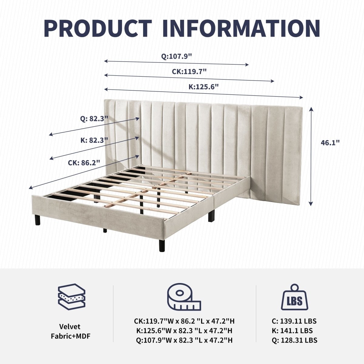 Bed Frame | Velvet Eastern Tufted Upholstered Platform Bed with Luxurious Headboard - Mjkonebed frame