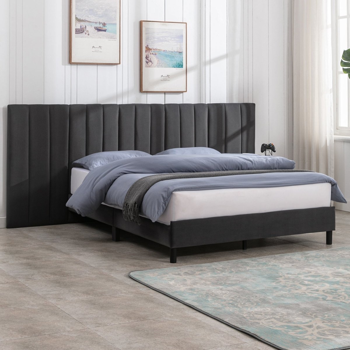 Bed Frame | Velvet Eastern Tufted Upholstered Platform Bed with Luxurious Headboard - Mjkonebed frame