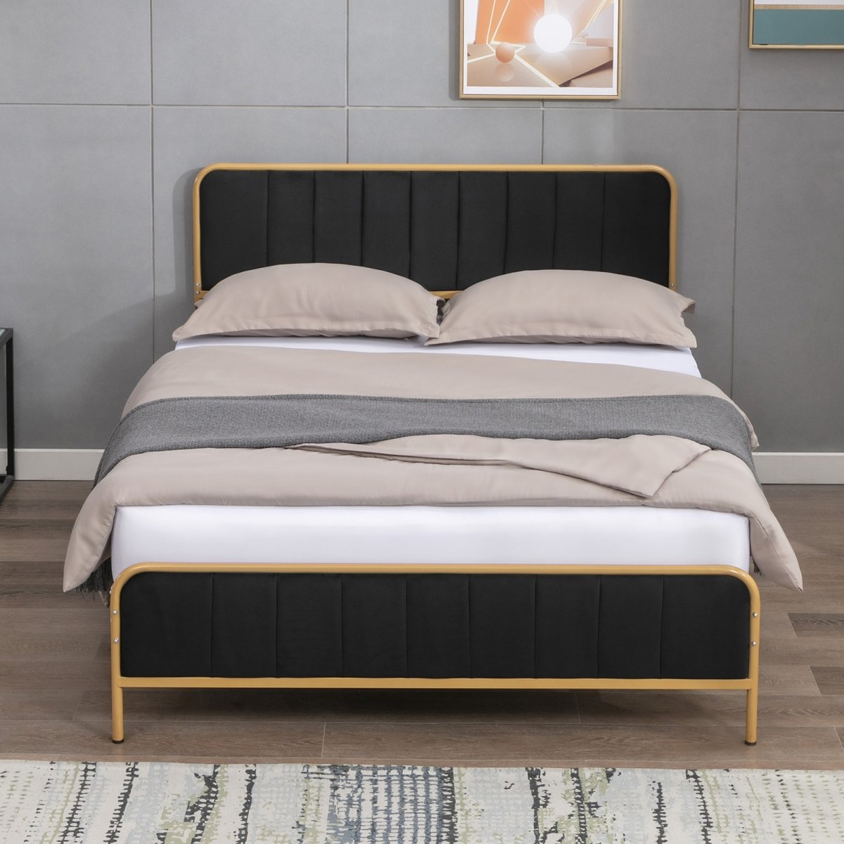 Bed Frame | Velvet Upholstered Metal Platform Bed with Tufted Headboard and Gold Trim - Mjkonebed frame