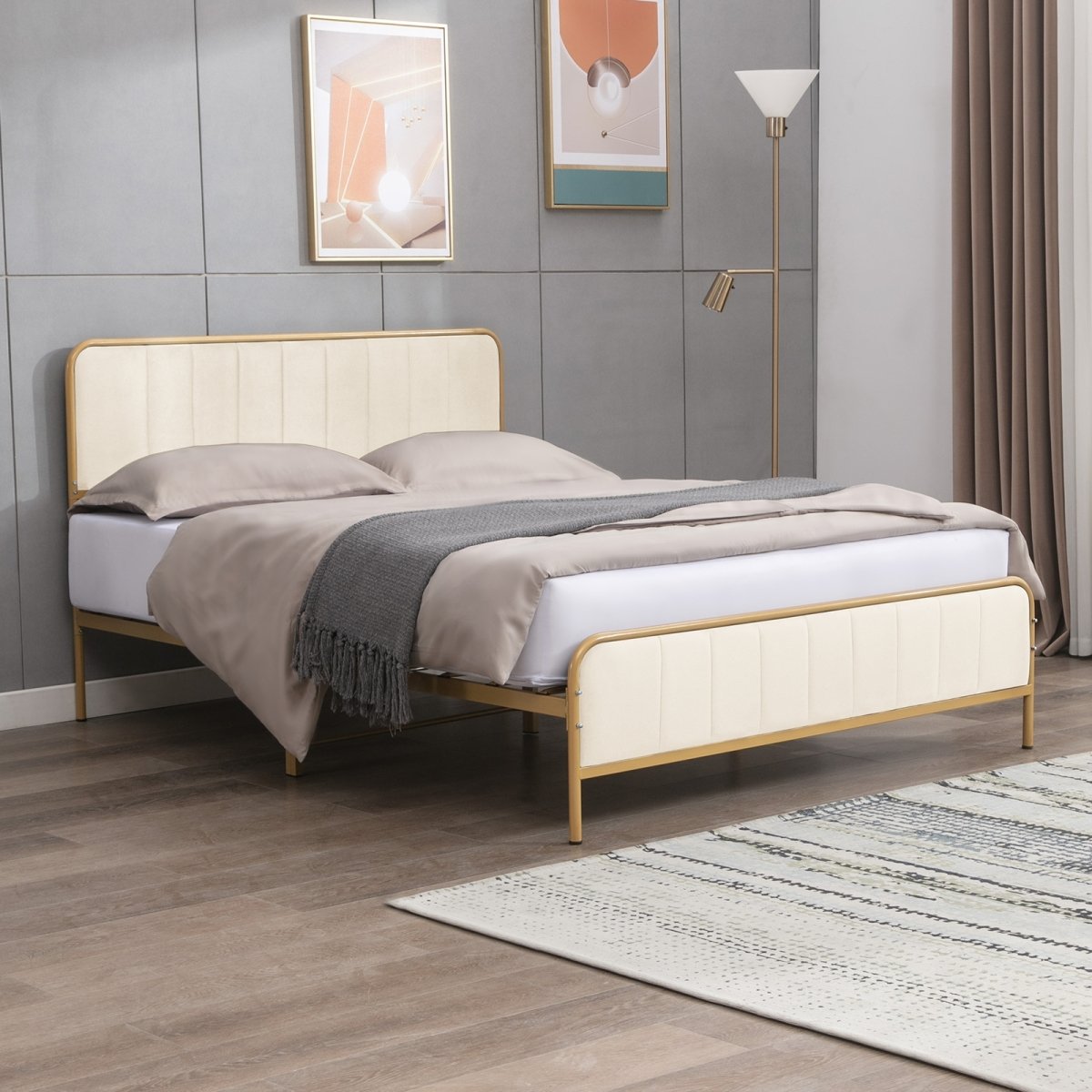 Bed Frame | Velvet Upholstered Metal Platform Bed with Tufted Headboard and Gold Trim - Mjkonebed frame