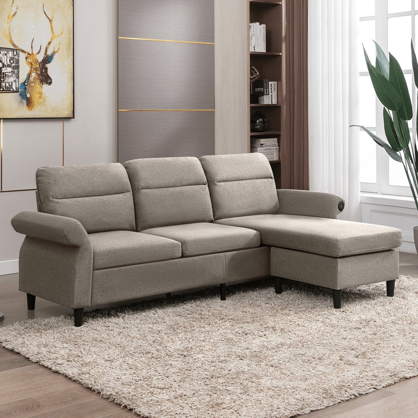 Convertible Sectional Sofa | 3 Seat Couch with 2 USB Ports and Adjustable Armrest - uenjoysectional sofa