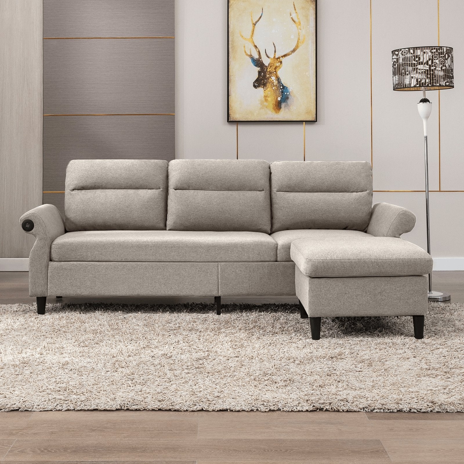 Convertible Sectional Sofa | 3 Seat Couch with 2 USB Ports and Adjustable Armrest - uenjoysectional sofa