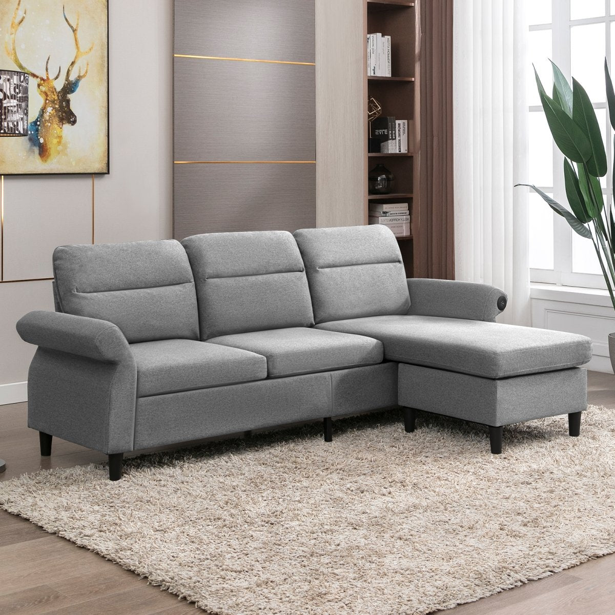 Convertible Sectional Sofa | 3 Seats Couch with USB Ports and Adjustable Armrest - Mjkonesectional sofa