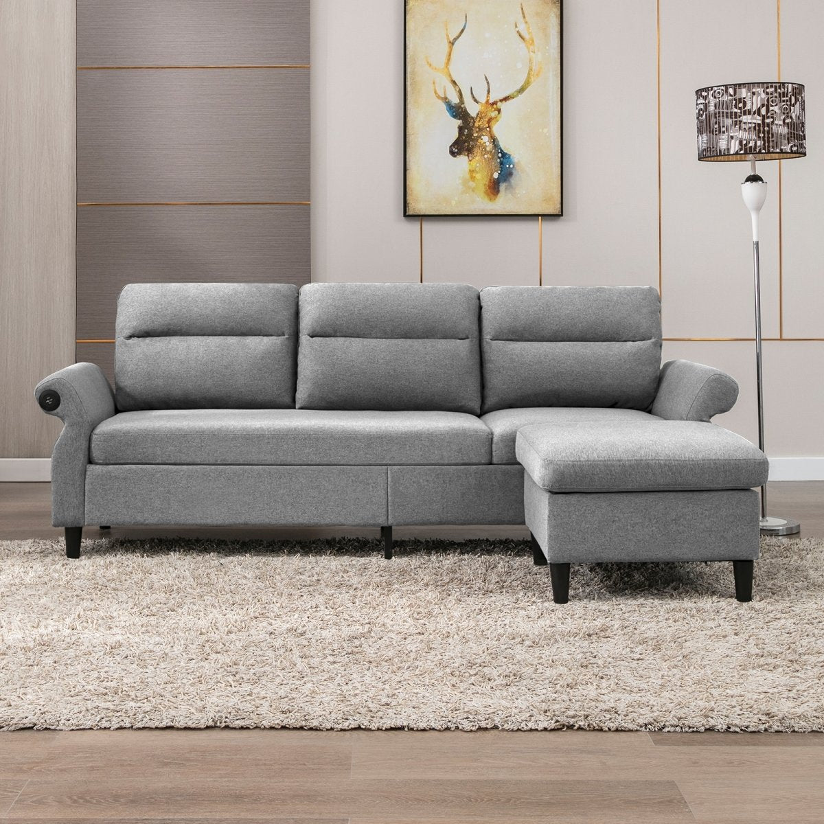 Convertible Sectional Sofa | 3 Seats Couch with USB Ports and Adjustable Armrest - Mjkonesectional sofa