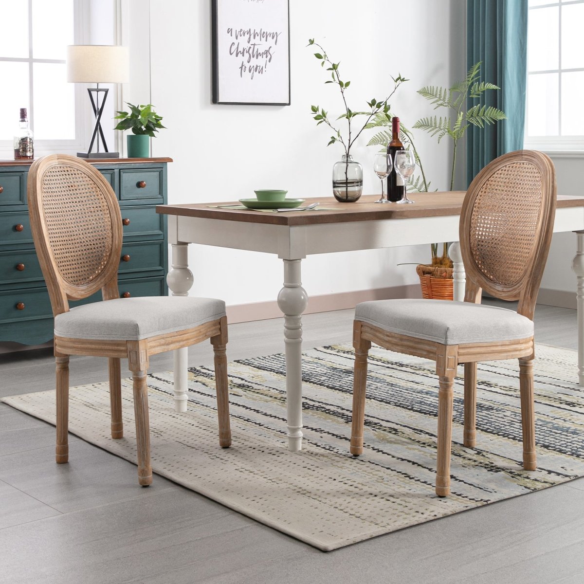 Dining Chairs | French Country Wooden Bar Stool with Upholstered Seating and Rattan Back - Mjkonechair