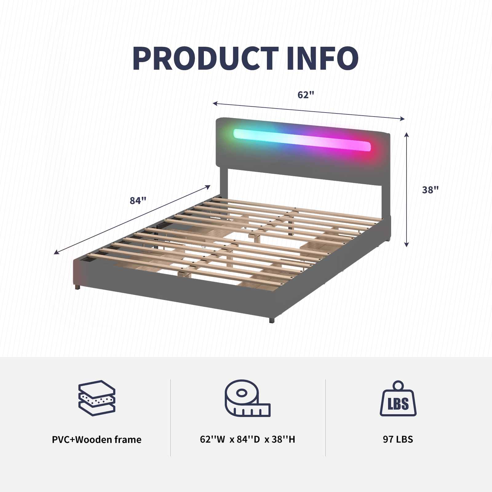 Drawer Bed | Adjustable RGB LED Lighting Effects Headboard With Wood Slat Support and 4 Storage Drawers - Mjkonebed