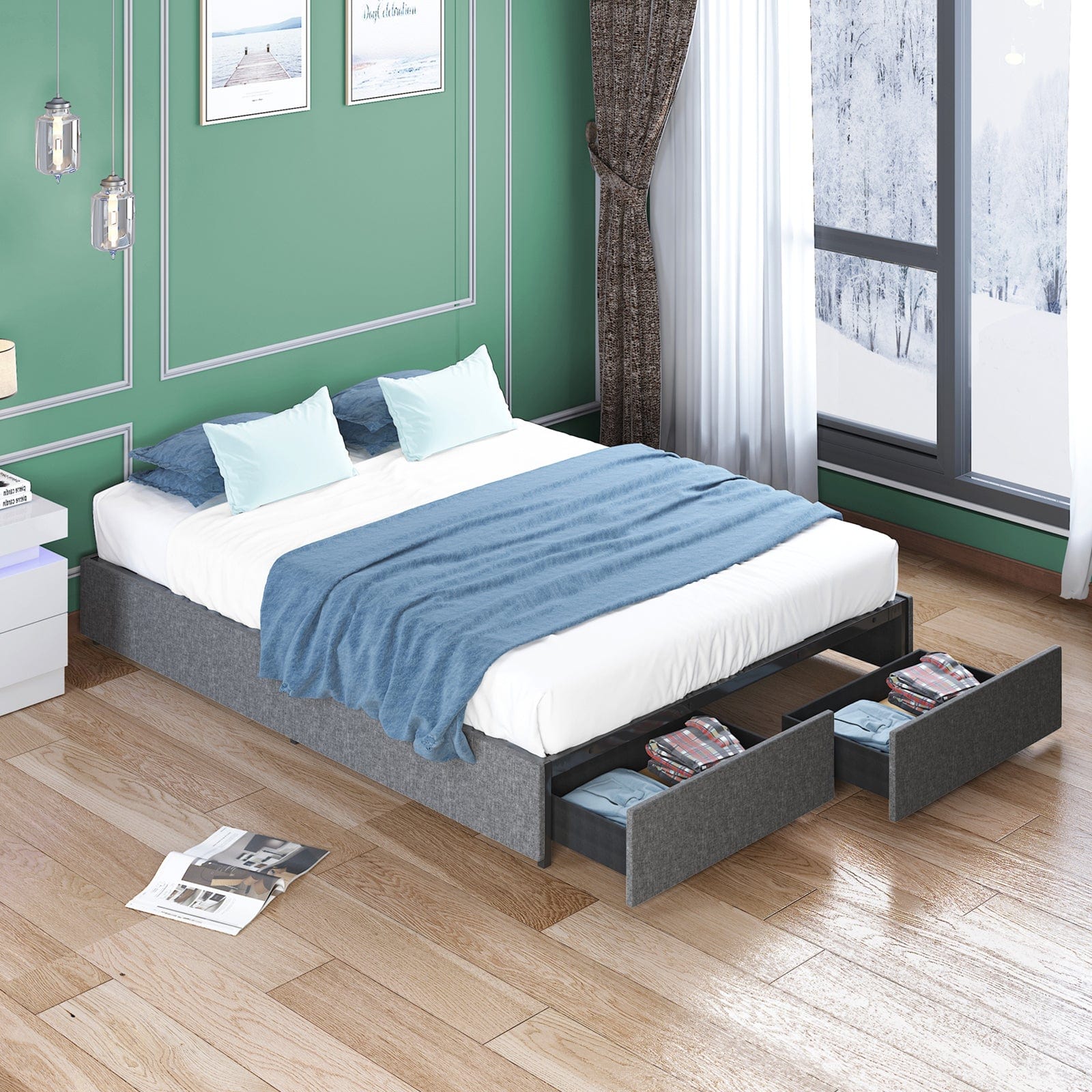 Drawer Bed | Linen Fabric Bed Frame With Wood Slat and 2 Storage Drawer - uenjoybed