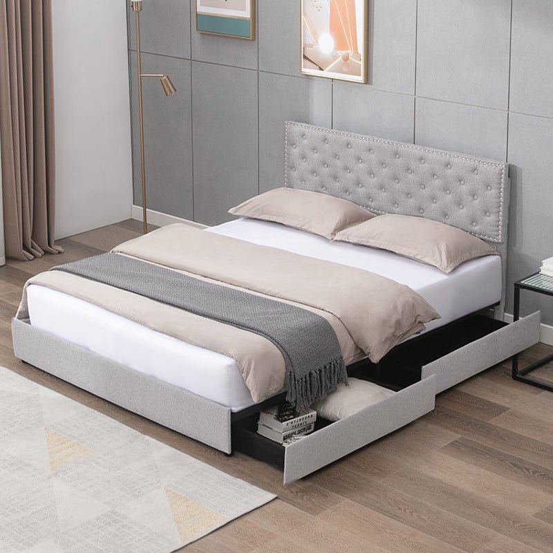 Drawer Bed | Minimalist Upholstered Platform Bed Frame with 4 Storage Drawers and Adjutable Headboard - Mjkonebed frame
