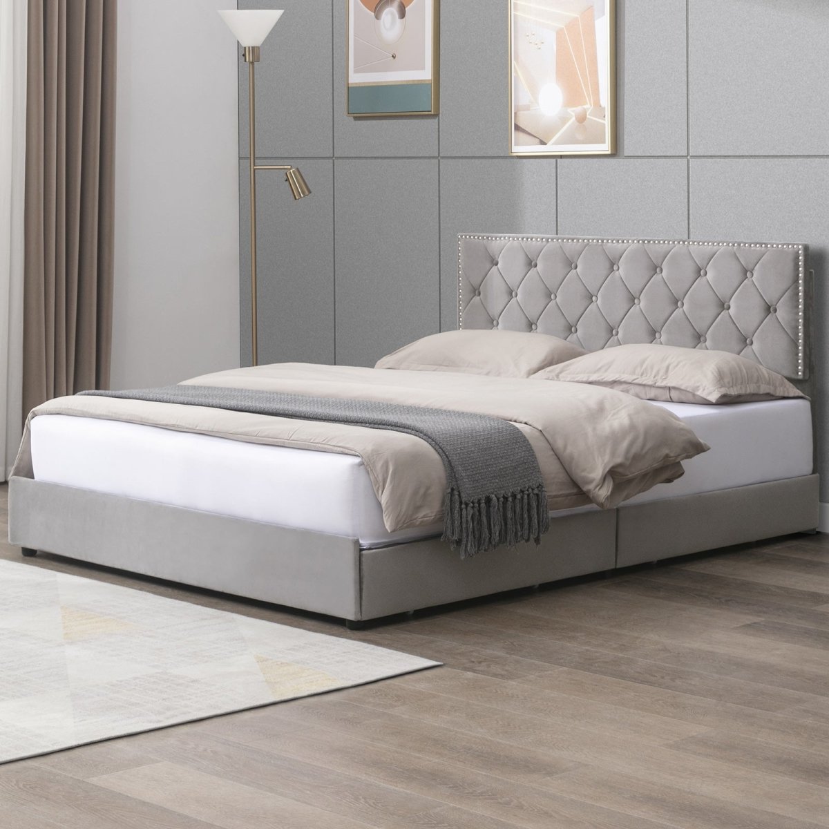 Drawer Bed | Modern Velvet Upholstered Platform Storage Bed Frame with Adjustable Headboard - Mjkonebed frame