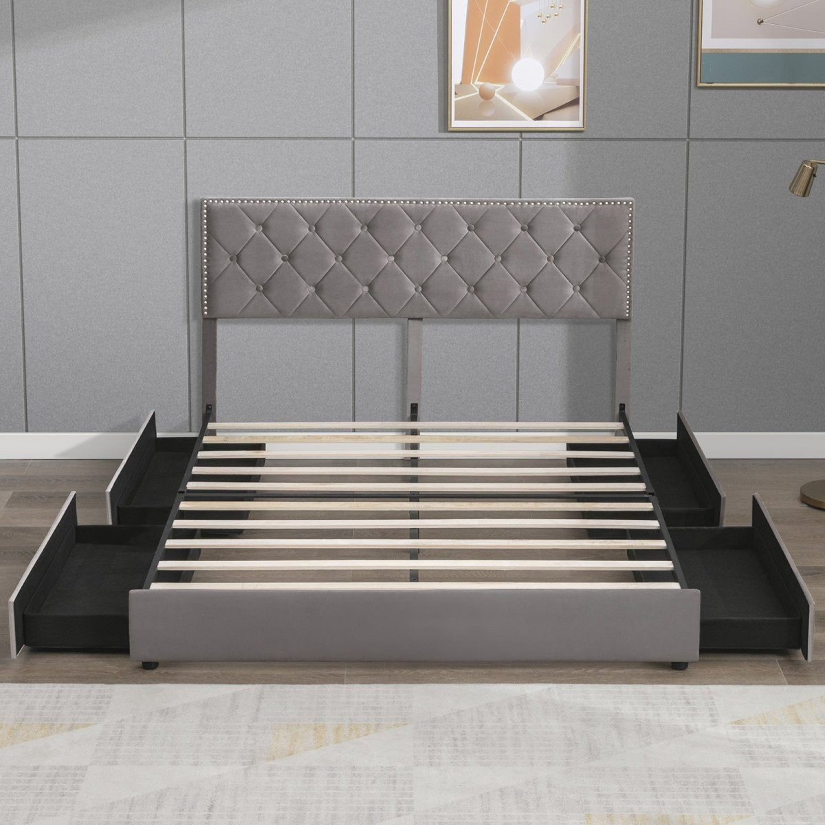 Drawer Bed | Modern Velvet Upholstered Platform Storage Bed Frame with Adjustable Headboard - Mjkonebed frame