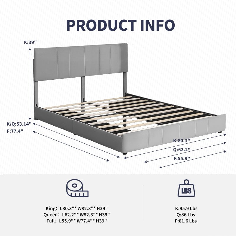 Drawer Bed | Platform Upholstered Bed Frame with Channel-stitched and 4 Storage Drawers No Box Spring Needed - Mjkonebed frame