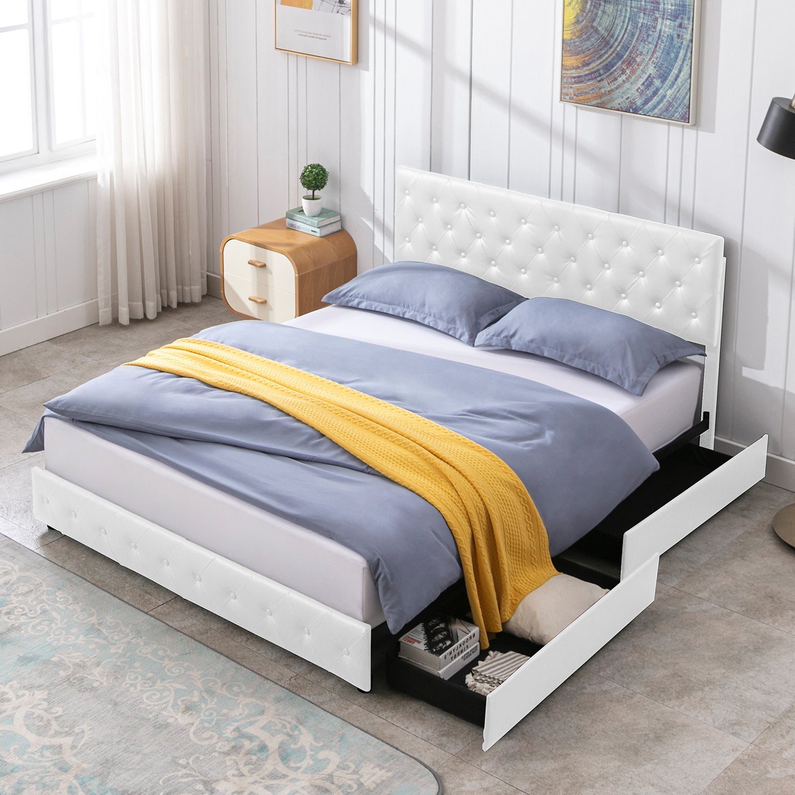 Drawer Bed | Storage Bed Frame with 4 Drawers with Adjustable Diamond Button Tufted Headboard - Mjkonebed frame