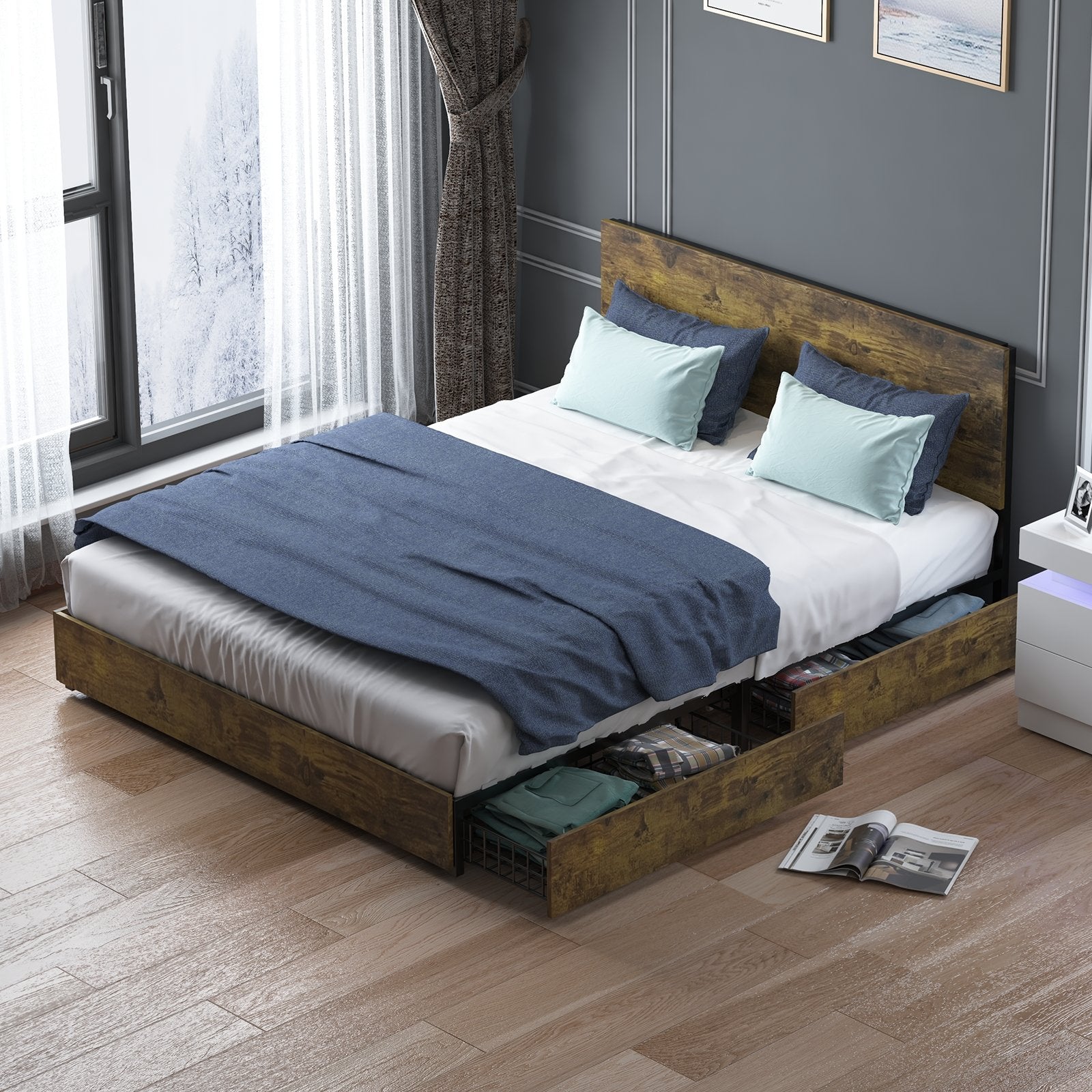 Drawer Bed | Wood Slat Bed Frame With 4 Metal Storage Drawers - uenjoybed
